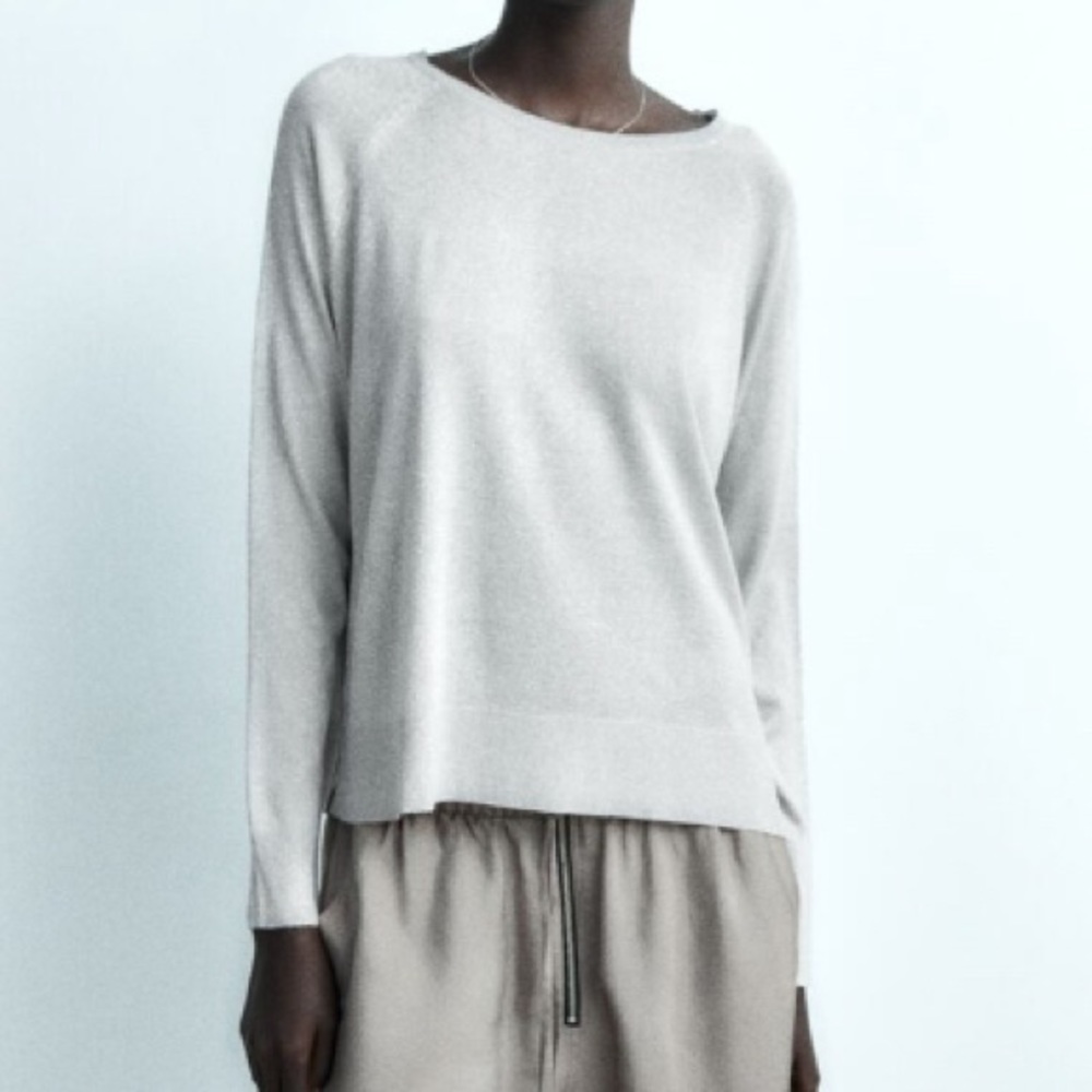 Zara Metallic Thread Fine Knit Sweater in Silver